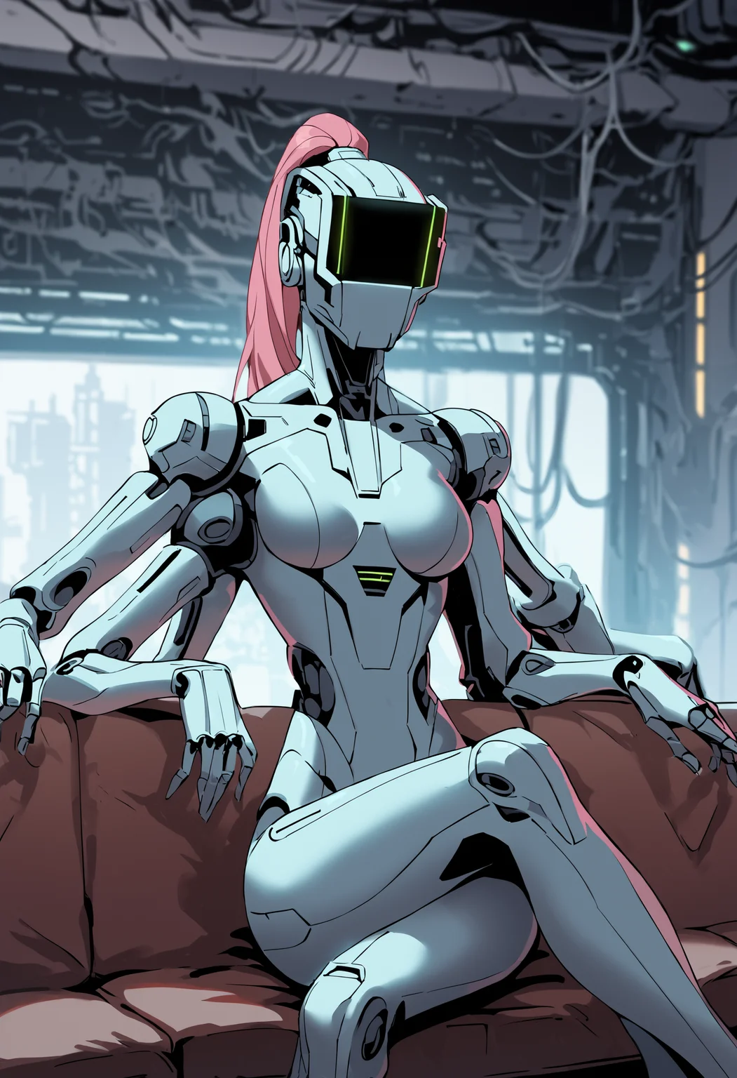 score_9, score_8_up, score_7_up, depth of field, raw, highly detailed, 1girl, solo, medium breasts, female robot, robot girl, (extra arms, four arms, multiple arms:1.1), tall, slim, (head screen), (long pink ponytail), luminescent futuristic screen, window, futuristic city in the background, medium breasts, chest, thighs, metal body, vivid colors, neon glow, moody lighting, futuristic apartment, couch, sofa, table, curtains, crossed legs, high contrast,
<lora:scav3ngersV4_epoch_2:1.2>,