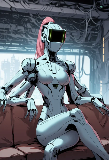 score_9, score_8_up, score_7_up, depth of field, raw, highly detailed, 1girl, solo, medium breasts, female robot, robot girl, (extra arms, four arms, multiple arms:1.1), tall, slim, (head screen), (long pink ponytail), luminescent futuristic screen, window, futuristic city in the background, medium breasts, chest, thighs, metal body, vivid colors, neon glow, moody lighting, futuristic apartment, couch, sofa, table, curtains, crossed legs, high contrast,
<lora:scav3ngersV4_epoch_2:1.2>,