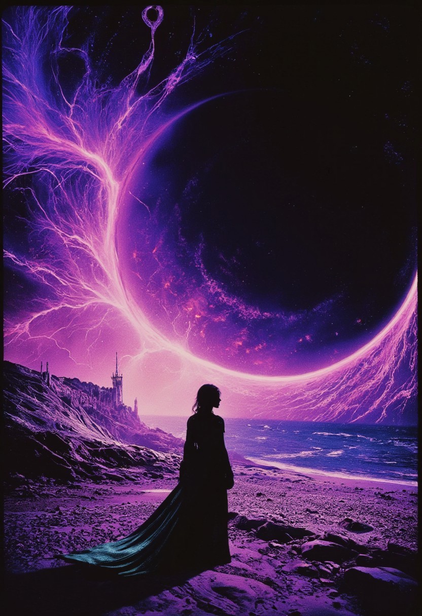 n30nfilm A surreal, abstract digital landscape stretches before us, where a glitched market looms under a vast, purple and black sky. The medieval merchant lady stands at the market's edge, her teal and blue scales shimmering in the eerie glow. The market, fragmented and distorted, pulses with intricate dot and line patterns, casting hypnotic wavy shapes across the scene. Above, the void stretches endlessly, swirling with vivid, otherworldly hues that blend fluidly with the dark sky.
The patterns and colors twist unnaturally, with vibrant psychedelic tones stark against the high-contrast, minimalistic background. Amidst this chaotic yet captivating scenery, the merchant lady gazes into the void, her figure framed by the surreal, flowing motion of the glitching world around her. The strange mix of the distorted market, the alien sky, and the tranquil yet eerie scene creates a visual both majestic and unsettling, where the familiar warps into the unknown in a mesmerizing display. (fluid motion: 2.5) (high contrast: 2.3)