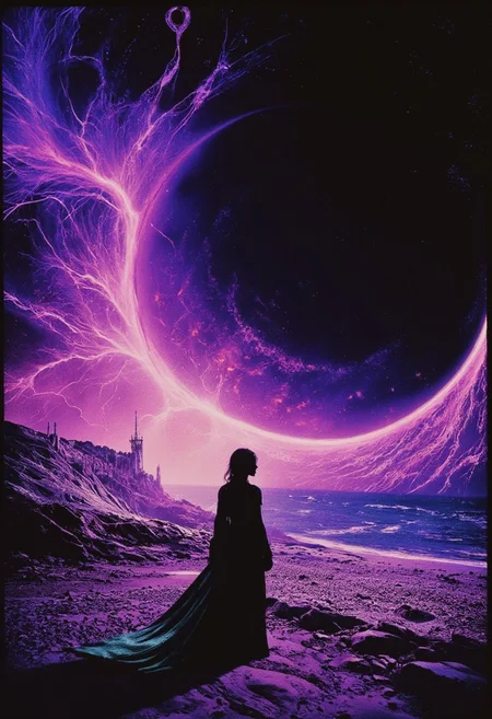 n30nfilm A surreal, abstract digital landscape stretches before us, where a glitched market looms under a vast, purple and black sky. The medieval merchant lady stands at the market's edge, her teal and blue scales shimmering in the eerie glow. The market, fragmented and distorted, pulses with intricate dot and line patterns, casting hypnotic wavy shapes across the scene. Above, the void stretches endlessly, swirling with vivid, otherworldly hues that blend fluidly with the dark sky.
The patterns and colors twist unnaturally, with vibrant psychedelic tones stark against the high-contrast, minimalistic background. Amidst this chaotic yet captivating scenery, the merchant lady gazes into the void, her figure framed by the surreal, flowing motion of the glitching world around her. The strange mix of the distorted market, the alien sky, and the tranquil yet eerie scene creates a visual both majestic and unsettling, where the familiar warps into the unknown in a mesmerizing display. (fluid motion: 2.5) (high contrast: 2.3)
