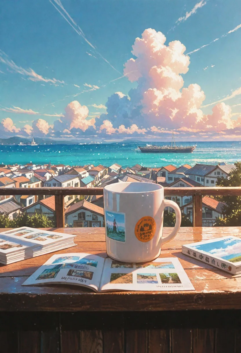 no humans, polaroid photos, photographs, photo album, wooden table, scattered paper, travel postcards, sticker on mug, winow frame, coastal street, coastal village scape, small fishvillage, sea, seagules, rooftops, shop signs, outdoor view, daytime, summer, blue sky, cumulus clouds, soft lighting, sunny day, colorful, highly detailed, warm palette, first person view, foreground focus, depth of field, blurry background,
masterpiece, amazing quality, best quality, scenery, anime coloring