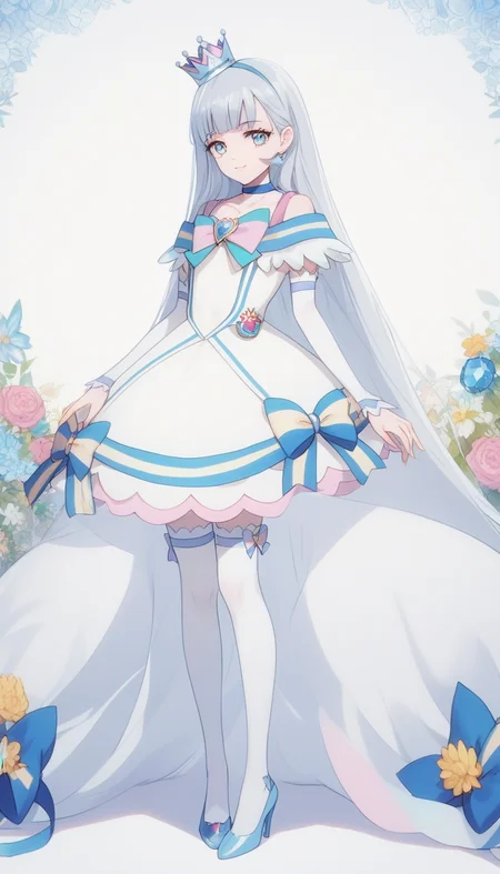 score_9,score_8_up,score_7_up,score_6_up,score_5_up,score_4_up,source_anime,best quality,masterpiece,realism,ultra-detailed,highres,solo,1girls,14 years old,
<lora:p3tr4XLP:0.8>,p3tr4,flower pattern background,
<lora:nyami.pony:1>,NYAMMY,very long hair,silver hair,gem,crown,ribbon,short skirt,zettai ryouiki,white thighhighs,light blue high_heels,