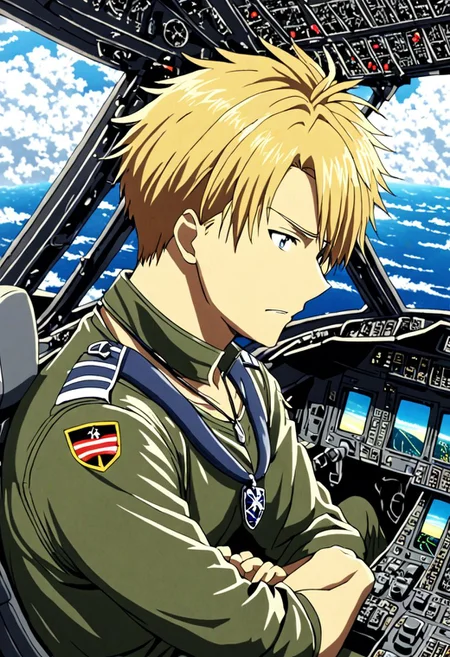 high resolution, solo, best quality, 1Boy, Yamato Ishida, Blond Hair, Necklace, Pilot, Cockpit, OverallDetail