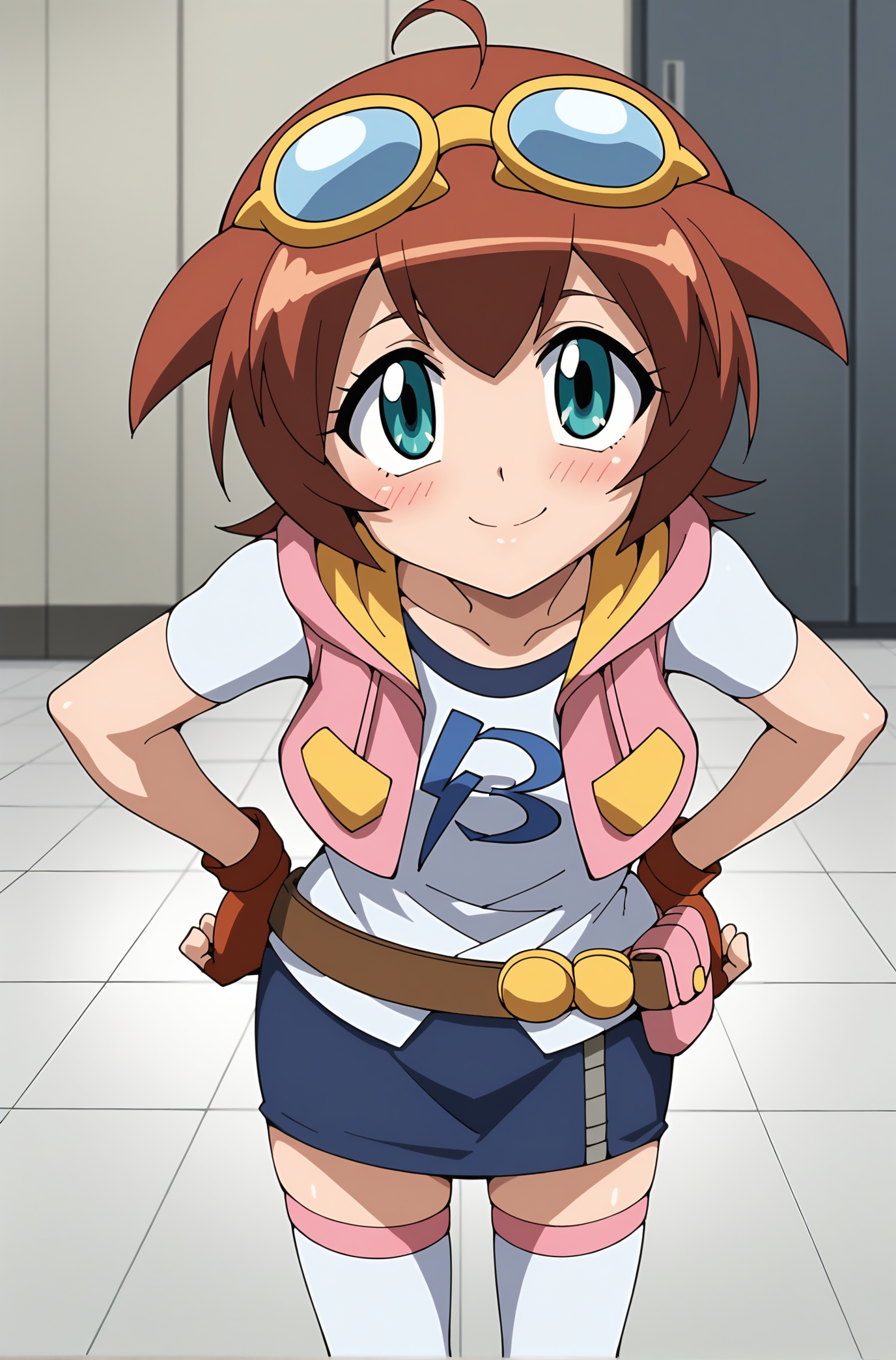 score_9, score_8_up, score_7_up, source anime, anime, animification, anime screencap, anime coloring, vivid colors, shiny skin, skindentation, deep skin, depth of field, high quality, highres, (dynamic angle,dynamic pose),
amano madoka, 1girl, solo, looking at viewer, blush, smile, short hair, blue eyes, skirt, brown hair, shirt, thighhighs, gloves, jacket, ahoge, belt, miniskirt, fingerless gloves, vest, aqua eyes, white thighhighs, leaning forward, goggles, eyewear on head, goggles on head, hands on hips, pouch, belt pouch
BREAK
masterpiece, high quality
 <lora:Amano_Madoka:0.9>
