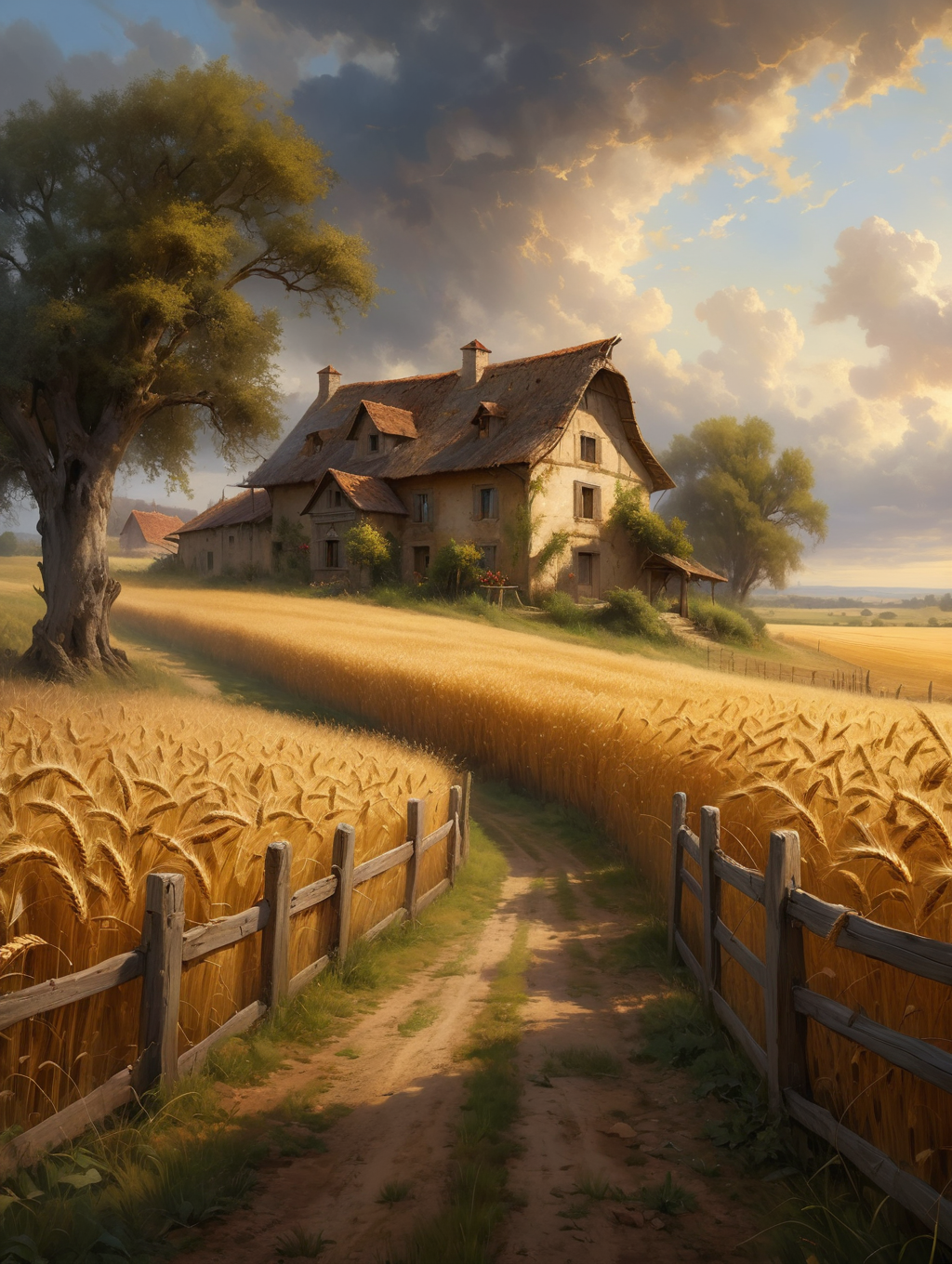 oil painting , An idyllic farmhouse on the edge of a golden wheat field, 34K uhd, masterpiece, high detail, 8k, intricate, detailed, high resolution, high res, high quality, <lora:add-detail-xl:1.8>, highly detailed, Extremely high-resolution details, fine texture,