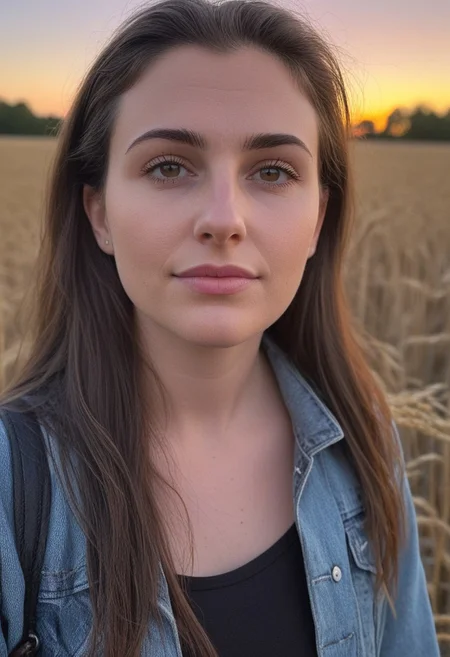 30yo american woman in a wheat field
Small eyes. Brown eyes.
Wearing ripped Denim jacket
no makeup. Clear skin. realistic skin style
Long dark black slick back hair. No makeup. Dusk, Street light. Looking at camera POV. Slight smile, tilting head.. Tilt head. Hands in head, face, lips.
Medium Close Up shot. Bokeh. Bokeh light. Sunset. yellow, purple sky.