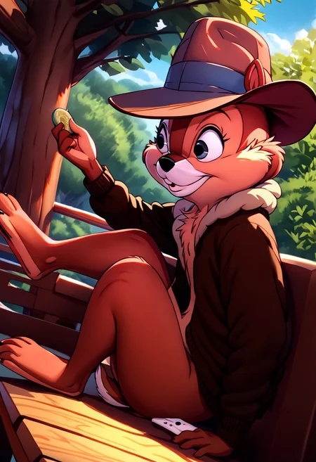 score_9, score_8_up, score_7_up, (best quality:1.1), ultra-detailed, great quality, anthro, high resolution, (((8k))), 1boy, chipmunk, chipmunk boy, day time, chipmunk ears, smile, turned to viewer, 3/4 side view, upper angle view, sharp detailed chipmunk hands, wearing hat, Chip, natural light, detailed sun rays, summer, daytime, BREAK., highly detailed background, (tree house bedroom:1,4), sitting on armchair, detailed chipmunk legs, detailed barefoot, brown jacket, highly detailed face, (very detailed face:1.4), fluffy fur, (sharp detailed:1,4) no smooth detailes