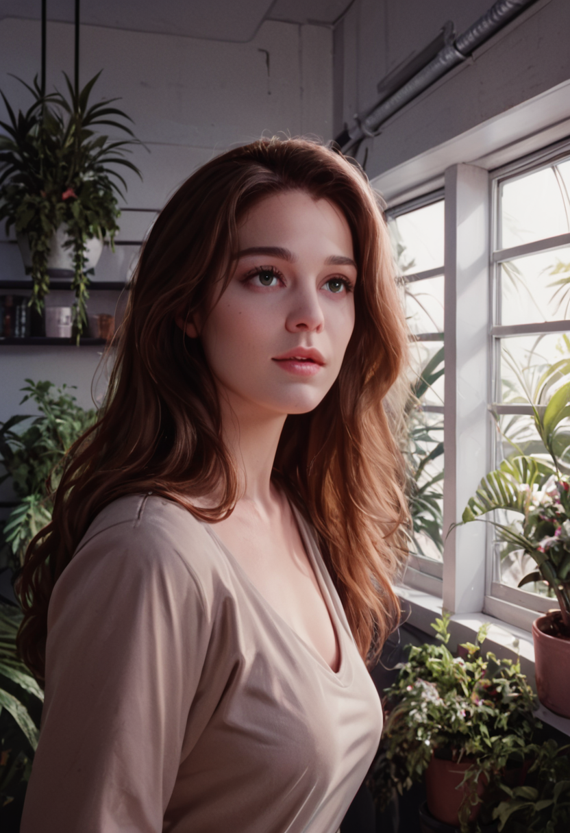 score_9, score_8_up, score_7_up, ar3na1989, <lora:Ar3na1989:.65>, 1girl, portrait, long hair, solo, open eyes, brown hair, living quarters, neon lighting, plants, interior, futuristic scenery