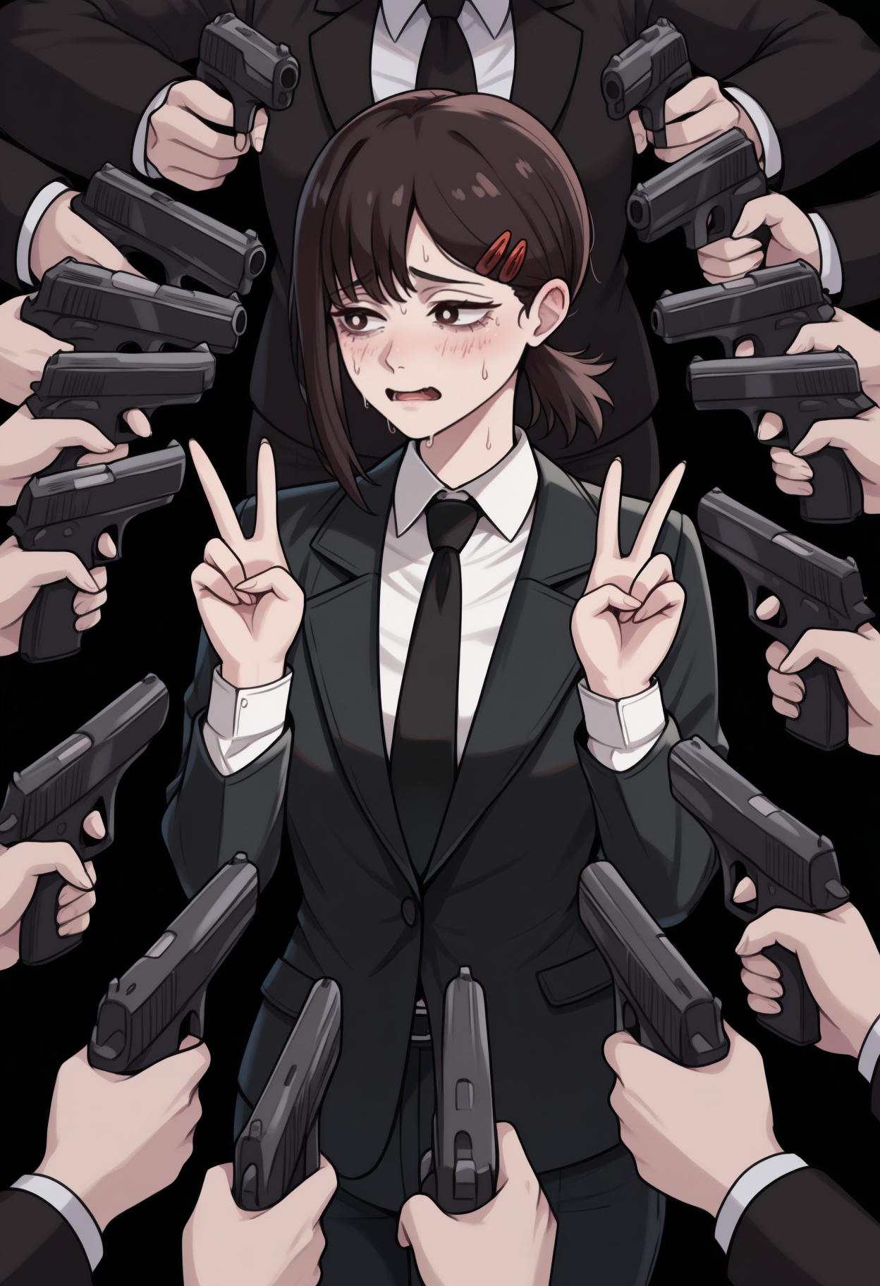 masterpiece, best quality, newest, 6+others, at gunpoint, solo focus, holding gun, handgun, too many, 1girl, higashiyama kobeni, chainsaw man, nervous sweating, looking to the side, double v, brown hair, hairclip, suit, black jacket, suit jacket, long sleeves, white shirt, collared shirt, black necktie
<segment:yolo-Anzhc Face seg 640 v2 y8n.pt,0.4,0.5//cid=1>