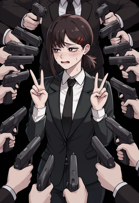 masterpiece, best quality, newest, 6+others, at gunpoint, solo focus, holding gun, handgun, too many, 1girl, higashiyama kobeni, chainsaw man, nervous sweating, looking to the side, double v, brown hair, hairclip, suit, black jacket, suit jacket, long sleeves, white shirt, collared shirt, black necktie
<segment:yolo-Anzhc Face seg 640 v2 y8n.pt,0.4,0.5//cid=1>