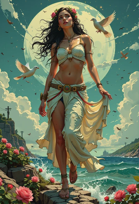 <lora:ck-nc-pastel-cyberpunk:0.8> A digital artwork in the style of cknc, Aphrodite: Goddess of love and beauty; typically depicted with symbols like doves, roses, and the ocean. Fast Shutter Speed, Lomography Color 100, F/2.0, limited color palette, <lora:Luminous_Shadowscape:0.3> <lora:artilands:0.2>