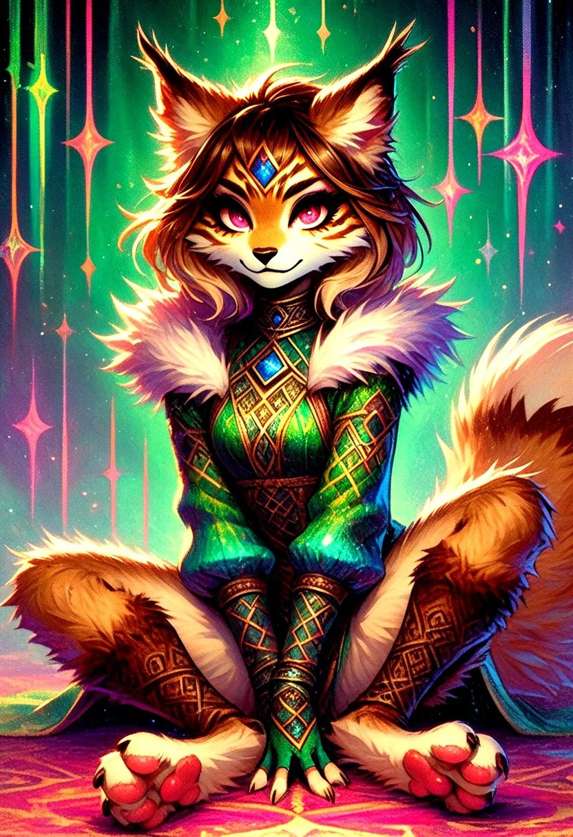 score_9, score_8_up, score_7_up, ccrms, FMIXF,, fluffy fur, vibrant details, eyeliner, exquisite eyes, source_furry, female furry, medium hair, paws, small claws, sitting, legs spread, hands between legs, jewelry, fingerless gloves, long sleeves, looking at viewer, fur trim, green outfit,