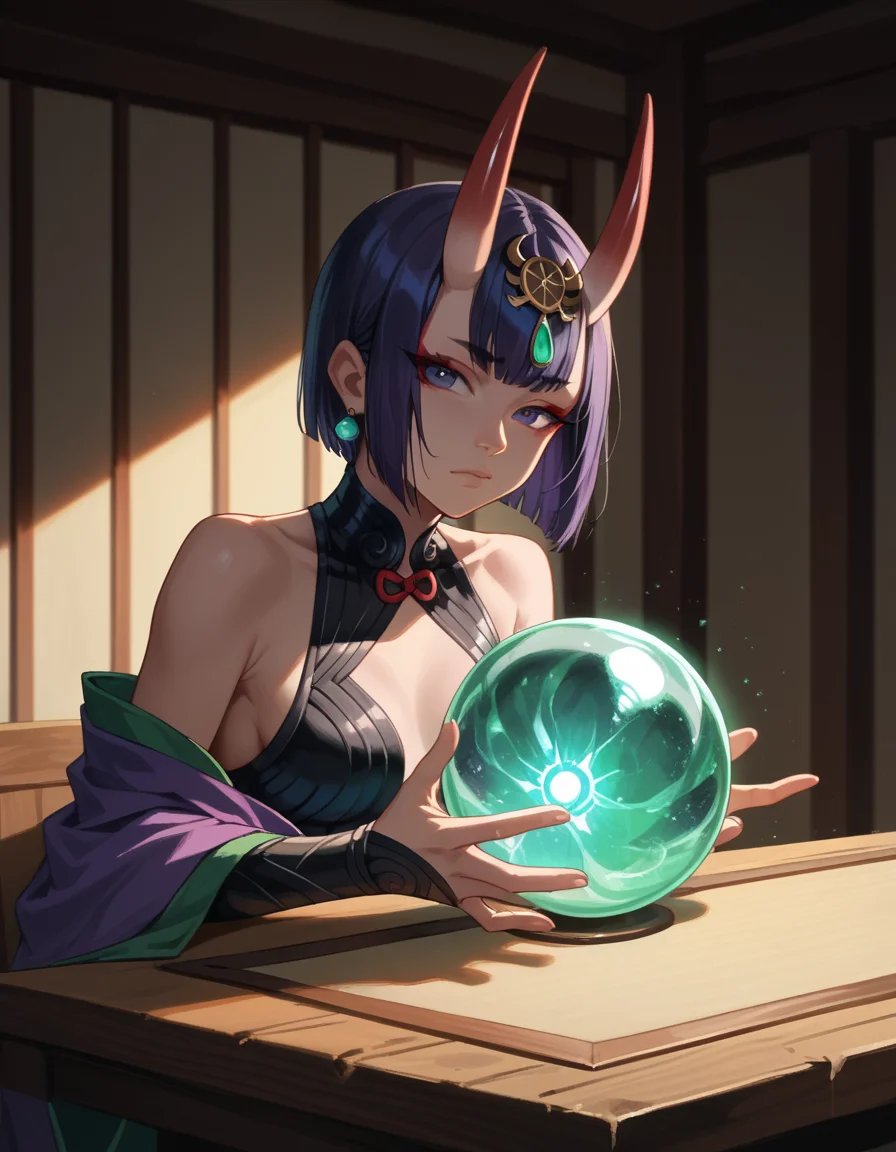 score_9, score_8_up, score_7_up, score_6_up, score_5_up, score_4_up, 1girl, shuten_douji_\(first_ascension\)_\(fate\), hud_cryst4l_b4ll, glowing, crystal ball, orb, upper body, table, <lora:hud_cryst4l_b4ll_XLP:0.6>