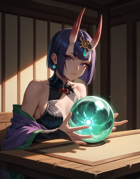 score_9, score_8_up, score_7_up, score_6_up, score_5_up, score_4_up, 1girl, shuten_douji_\(first_ascension\)_\(fate\), hud_cryst4l_b4ll, glowing, crystal ball, orb, upper body, table, <lora:hud_cryst4l_b4ll_XLP:0.6>