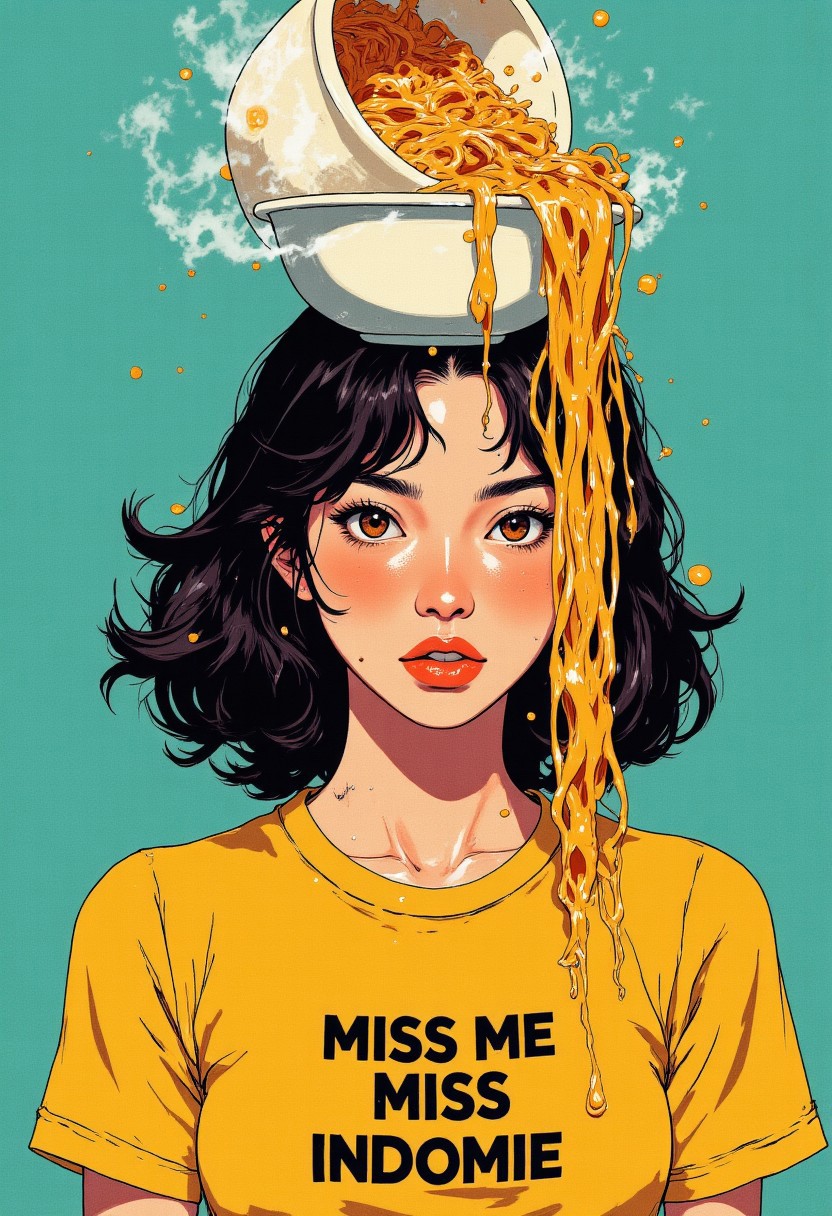 Upper body portrait of an Asian woman with shoulder-length, wavy black hair with subtle caramel highlights, styled in a tousled, effortless manner. She has bright, expressive almond-shaped eyes, defined brows, and wears minimal makeup with just a touch of peachy blush and glossy coral lips. Her expression is playfully mischievous yet seductive as she gazes directly at the viewer. She wears a fitted mustard-yellow t-shirt with the quirky phrase "MISS ME MISS INDOMIE" printed in bold black typography across the chest.
Against a clean, matte teal background, she balances a large ceramic ramen bowl atop her head like an unconventional hat. The bowl is tipped slightly forward, causing steaming, glossy noodles to cascade dramatically down one side of her face. The noodles are richly colored with golden-yellow tones, appearing perfectly cooked and appetizingly glossy. While most noodles spill from the bowl in an artistic tumble, one single, unbroken noodle strand stretches elegantly from the bowl down to her slightly parted lips, creating a direct connection between the food and her mouth. She appears about to slurp this single noodle, her lips forming a subtle pucker. Small drops of broth cling to the noodles, catching the light like jewels. The lighting is bright and commercial, highlighting the steam rising from the hot noodles and giving the perfect balance between food advertisement and artistic fashion photography.