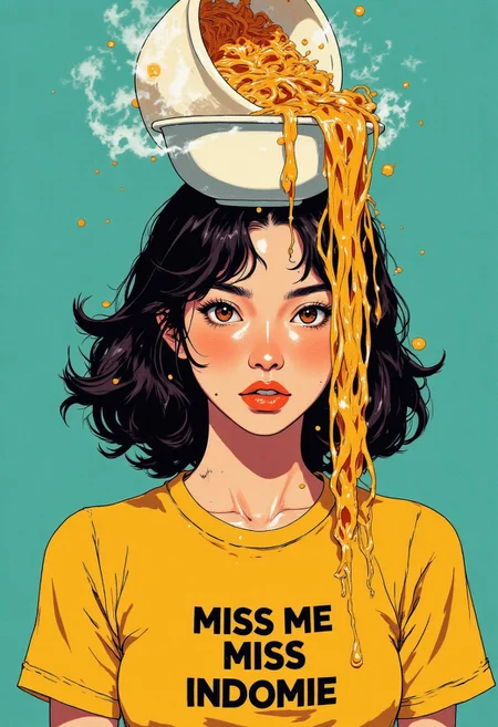 Upper body portrait of an Asian woman with shoulder-length, wavy black hair with subtle caramel highlights, styled in a tousled, effortless manner. She has bright, expressive almond-shaped eyes, defined brows, and wears minimal makeup with just a touch of peachy blush and glossy coral lips. Her expression is playfully mischievous yet seductive as she gazes directly at the viewer. She wears a fitted mustard-yellow t-shirt with the quirky phrase "MISS ME MISS INDOMIE" printed in bold black typography across the chest.
Against a clean, matte teal background, she balances a large ceramic ramen bowl atop her head like an unconventional hat. The bowl is tipped slightly forward, causing steaming, glossy noodles to cascade dramatically down one side of her face. The noodles are richly colored with golden-yellow tones, appearing perfectly cooked and appetizingly glossy. While most noodles spill from the bowl in an artistic tumble, one single, unbroken noodle strand stretches elegantly from the bowl down to her slightly parted lips, creating a direct connection between the food and her mouth. She appears about to slurp this single noodle, her lips forming a subtle pucker. Small drops of broth cling to the noodles, catching the light like jewels. The lighting is bright and commercial, highlighting the steam rising from the hot noodles and giving the perfect balance between food advertisement and artistic fashion photography.