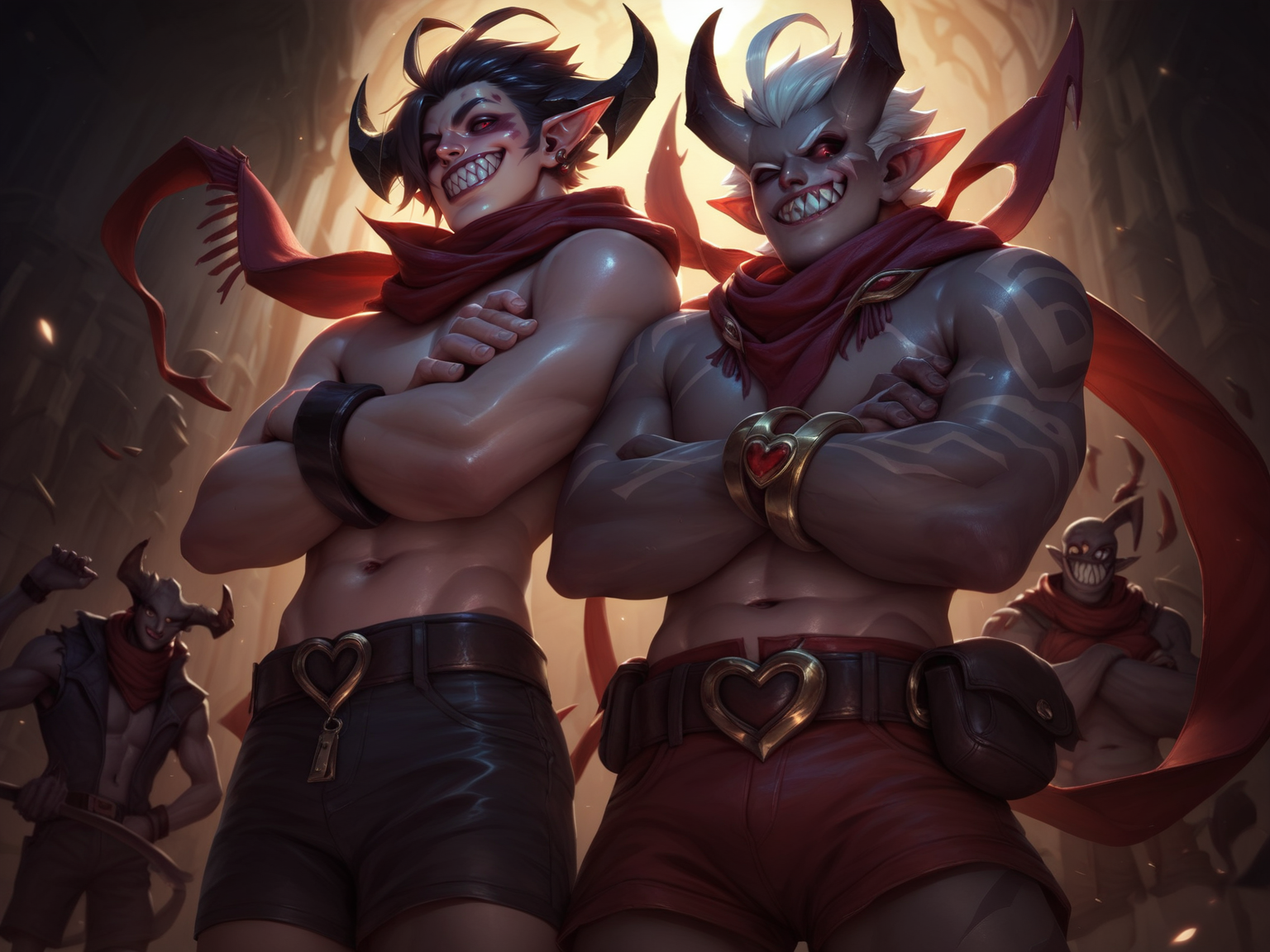 2boys antenna_hair belt blue_hair bracelet child colored_skin crossed_arms demon_boy grey_skin grin hair_between_eyes hair_over_one_eye hands_in_pockets heart_on_chest hood hoodie horns jacket jewelry male_focus multiple_boys navel open_clothes open_jacket pointy_ears red_eyes red_scarf red_shorts scarf sharp_teeth shorts single_horn sleeveless smile teeth topless_male zipper zombie, <lora:LeagueOfLegends-000008:0.8>, <lora:LOLT1-15:0.5>, score_9, score_8_up, score_7_up, score_6_up