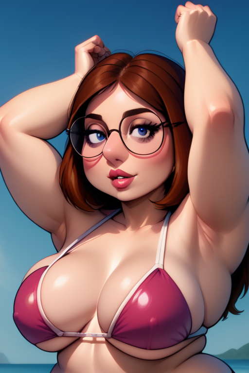 Cartoon character, voluptuous, lips, [shortstack], Meg Griffin, glasses, arms up, upper body, brown hair, breasts, bikini, flat colors. <lora:Domn-Meg_Griffin_XL:1>