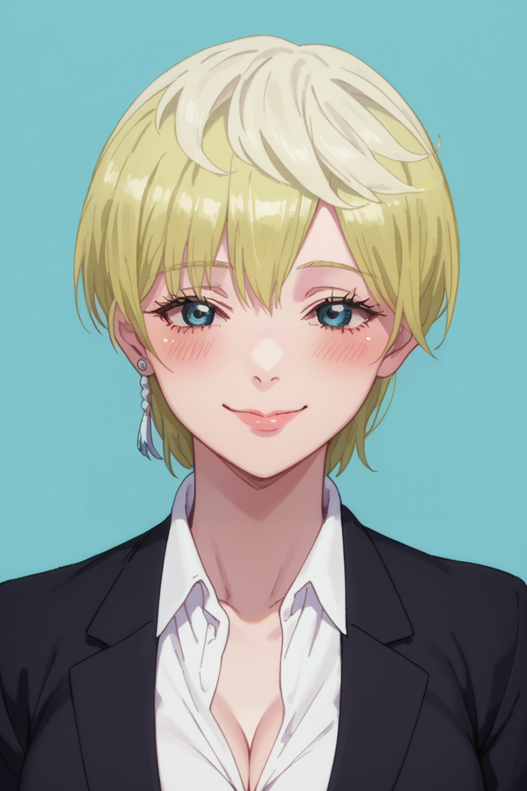 score_9, score_8_up, score_7_up, 1girl, portrait, looking at viewer, blue background, eyelashes, blush
tenka izumo, short hair, blue eyes, blonde hair, white collared shirt, white shirt, black blazer, breasts, seductive smile, happy, loving expression, cleavage <lora:tenka-izumo-s1-ponyxl-lora-nochekaiser:1>