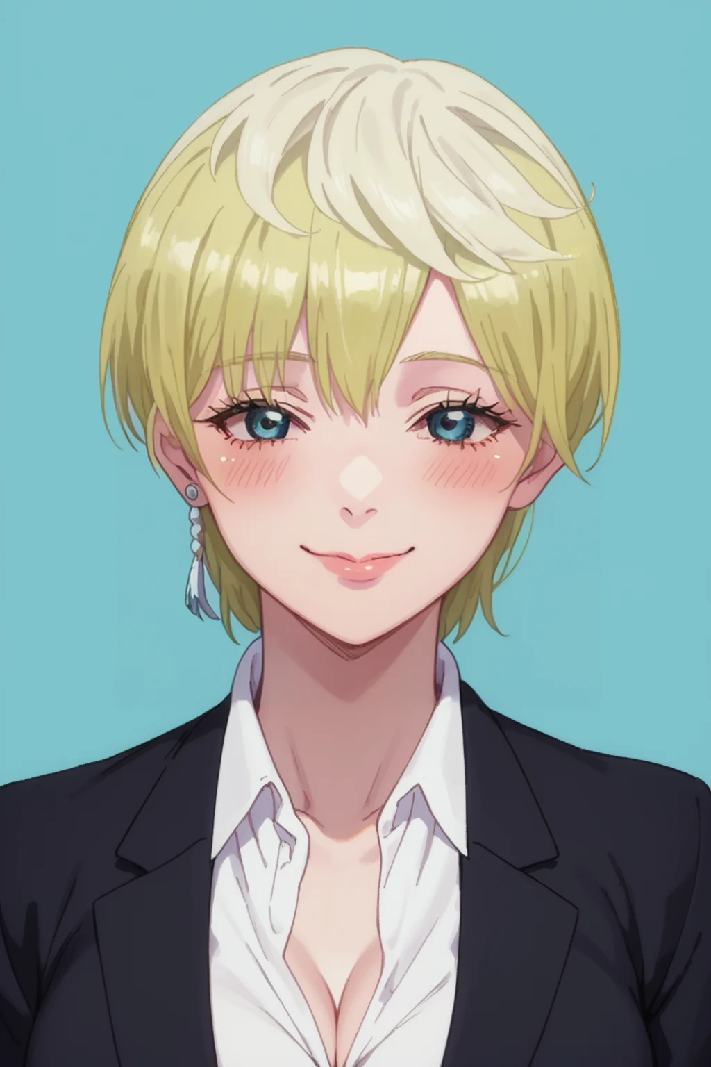 score_9, score_8_up, score_7_up, 1girl, portrait, looking at viewer, blue background, eyelashes, blush
tenka izumo, short hair, blue eyes, blonde hair, white collared shirt, white shirt, black blazer, breasts, seductive smile, happy, loving expression, cleavage <lora:tenka-izumo-s1-ponyxl-lora-nochekaiser:1>