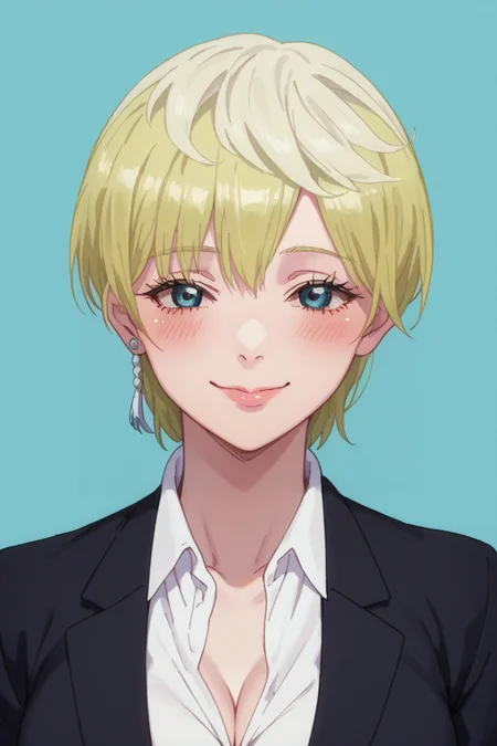score_9, score_8_up, score_7_up, 1girl, portrait, looking at viewer, blue background, eyelashes, blush
tenka izumo, short hair, blue eyes, blonde hair, white collared shirt, white shirt, black blazer, breasts, seductive smile, happy, loving expression, cleavage <lora:tenka-izumo-s1-ponyxl-lora-nochekaiser:1>