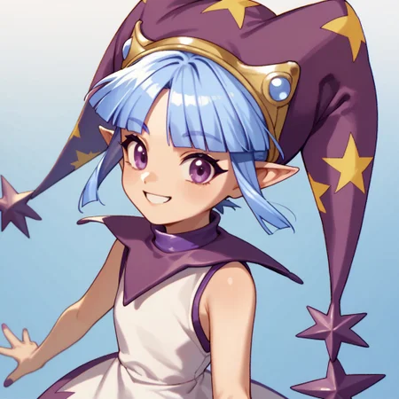 score_9, score_8_up, score_7_up BREAK CleoPB4, 1girl, light blue bob cut, blunt bangs, purple eyes, purple yellow jester hat, purple collar, sleeveless white dress, purple hemline, white purple boots, smiling at viewer,