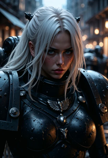 UHD sci-fi movie still, photograph, half-body portrait, low-angle cam, HDR, RAW. Photography. sexy girl with white hair wearing RavenG40k Warhammer 40K marine power-armor horrified crying in post-apocalyptic demolished city at night, tears, fires, shadows, fantasy, sci-fi world, Stunning visuals, Texture, beautiful face features. beautiful eyes, glossy lips, Full body portrait <lora:FluxRavenG40k:0.9> <lora:FluxMythP0rtr4itStyle:0.6> mythp0rt,
