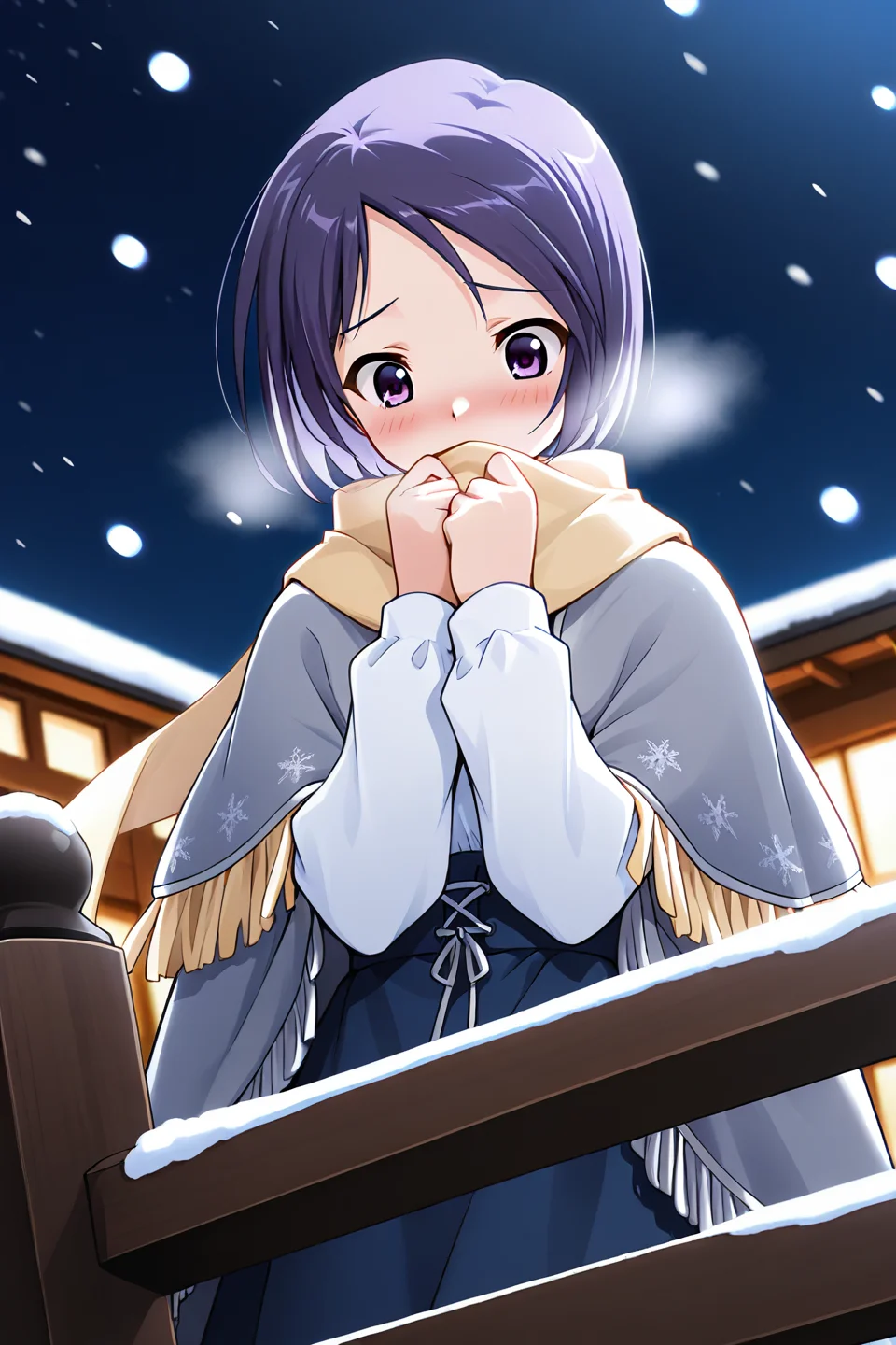 masterpiece, best quality, absurdres, official art, official style, rating general BREAK <lora:katsurazawahonami_IL_v1-2:0.7>, katsurazawa honami, 1girl, solo, purple eyes, purple hair, short hair, bob cut, parted bangs, swept bangs, small breasts BREAK snowing, blush, long sleeves, night, snow, solo focus, 1boy, fringe trim, winter, outdoors, breath, railing, yellow scarf, upper body, covering mouth, night sky, cold, covered mouth, shared scarf, out of frame, fence, winter clothes, hetero, looking down, embarrassed, scarf over mouth, looking away, blurry, standing, head out of frame, long scarf, blue dress, blue skirt, white shirt, snowflake print, long skirt, high-waist skirt, collared shirt, grey capelet, grey cape, grey poncho, layered capelet