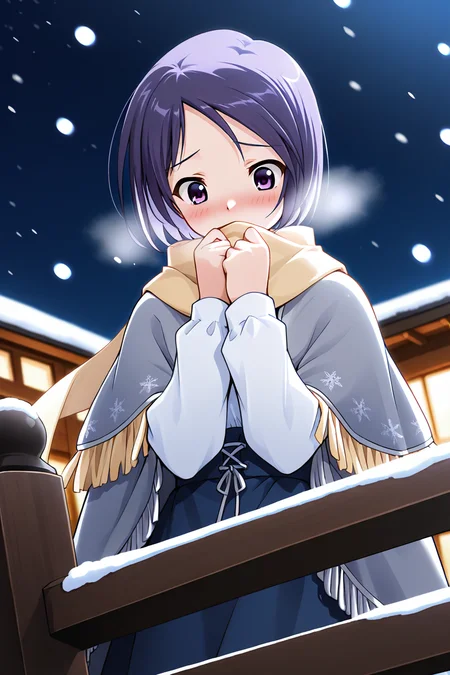 masterpiece, best quality, absurdres, official art, official style, rating general BREAK <lora:katsurazawahonami_IL_v1-2:0.7>, katsurazawa honami, 1girl, solo, purple eyes, purple hair, short hair, bob cut, parted bangs, swept bangs, small breasts BREAK snowing, blush, long sleeves, night, snow, solo focus, 1boy, fringe trim, winter, outdoors, breath, railing, yellow scarf, upper body, covering mouth, night sky, cold, covered mouth, shared scarf, out of frame, fence, winter clothes, hetero, looking down, embarrassed, scarf over mouth, looking away, blurry, standing, head out of frame, long scarf, blue dress, blue skirt, white shirt, snowflake print, long skirt, high-waist skirt, collared shirt, grey capelet, grey cape, grey poncho, layered capelet