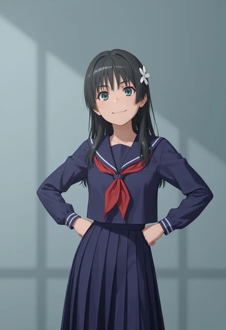 masterpiece,best quality,absurdres,highres,very aesthetic,high quality,detailed,insanely detailed,beautiful,perfect lighting, looking at viewer, smile, hand on hips, smile, light blue background, very awa
<lora:Saten Ruiko illu:1> 1girl, long hair, black hair, hair ornament, hair flower, blue eyes, sakugawa school uniform, winter uniform, blue serafuku ,red neckerchief blue sailor collar, blue skirt, blue shirt, long sleeves, long skirt
;