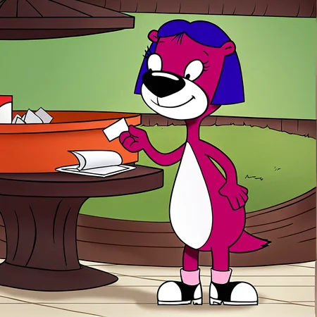 hi res, best quality , (solo), female, (source_cartoon), Score_9, score_8, score_7, ultra detailed, (masterpiece), best anatomy, small body, young, petite, short, <lora:J3lly_Otter:1>, j3lly_otter, animal ears, animal nose, purple hair, short hair, two-tone fur, otter, furry, black eyes, standing, smile, tail, shoes, smile