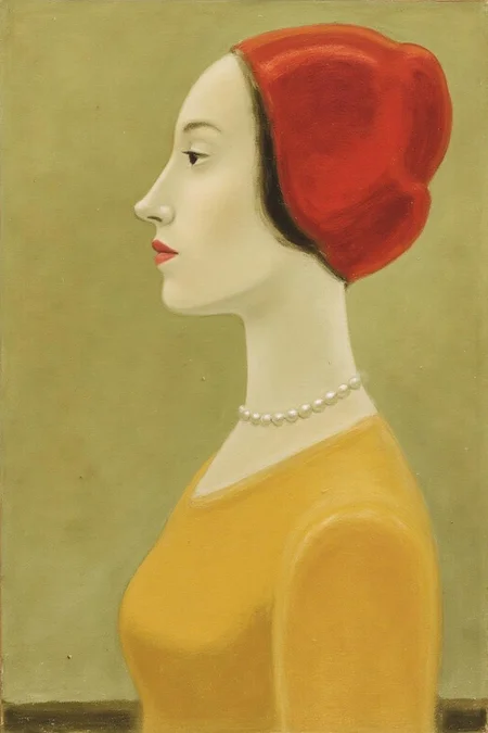 jeanpaullemieux1 painting.
A woman is shown in side profile view, facing left. She is wearing a bright red headscarf and a pearl necklace. <lora:jeanpaullemieux1_cap_d6a3e8:1.0><lora:841071527324732860:0>