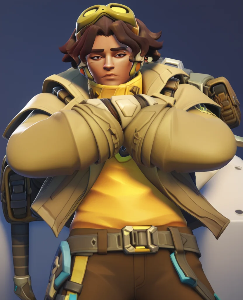 score_9,score_8_up,score_7_up,score_6_up, 3d, realistic,  <lora:Venture_Final:1>, venchurro1, eyebrow piercing, neck tattoo, wavy hair, short hair, brown hair, brown hair, chipped tooth,  goggles on head, headphones, shirt, jacket, shirt, pants, belt, carabiner, fingerless gloves, open jacket, looking at viewer, crossed arms, expressionless,