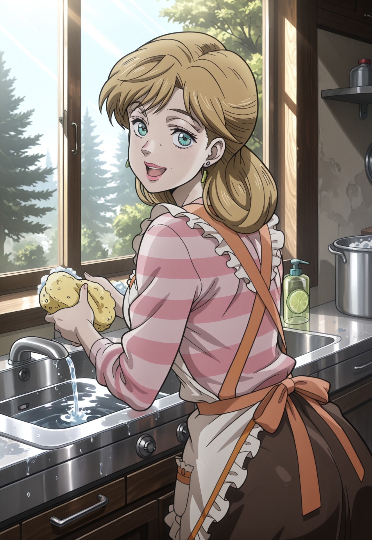 (masterpiece, amazing quality, best quality, anime coloring, detailed),very aesthetic, illustration, perfect composition, intricate details, absurdres, incredibly absurdres, (((1girl,solo,HolyKujo, Blonde Hair, Teal Eyes, Pink Lipstick, White Apron, Orange Apron Trim, White & Pink Striped Shirt, Lime Earrings, Brown Skirt))),cowboy shot, from behind, back, looking back, looking at viewer, smile, open mouth, indoors, kitchen, kitchen sink, water-filled sink, hands in sink, soapy water, washing dishes, holding sponge, window, sky, sunlight, trees