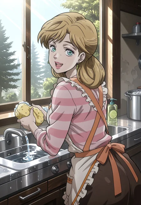 (masterpiece, amazing quality, best quality, anime coloring, detailed),very aesthetic, illustration, perfect composition, intricate details, absurdres, incredibly absurdres, (((1girl,solo,HolyKujo, Blonde Hair, Teal Eyes, Pink Lipstick, White Apron, Orange Apron Trim, White & Pink Striped Shirt, Lime Earrings, Brown Skirt))),cowboy shot, from behind, back, looking back, looking at viewer, smile, open mouth, indoors, kitchen, kitchen sink, water-filled sink, hands in sink, soapy water, washing dishes, holding sponge, window, sky, sunlight, trees