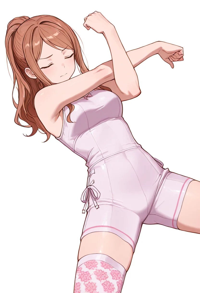masterpiece,high quality details, absurdres,
<lora:Aona:0.8> aona_cnr, 1girl, brown hair, long hair, ponytail, brown eyes,, simple background, white background, dutch angle,solo,, closed eyes,pain,, joyful expression,stretching pose,elegant silhouette,, unitard ,unitard ,patterned stockings, ,side-tie legwear,