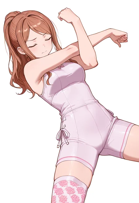 masterpiece,high quality details, absurdres,
<lora:Aona:0.8> aona_cnr, 1girl, brown hair, long hair, ponytail, brown eyes,, simple background, white background, dutch angle,solo,, closed eyes,pain,, joyful expression,stretching pose,elegant silhouette,, unitard ,unitard ,patterned stockings, ,side-tie legwear,