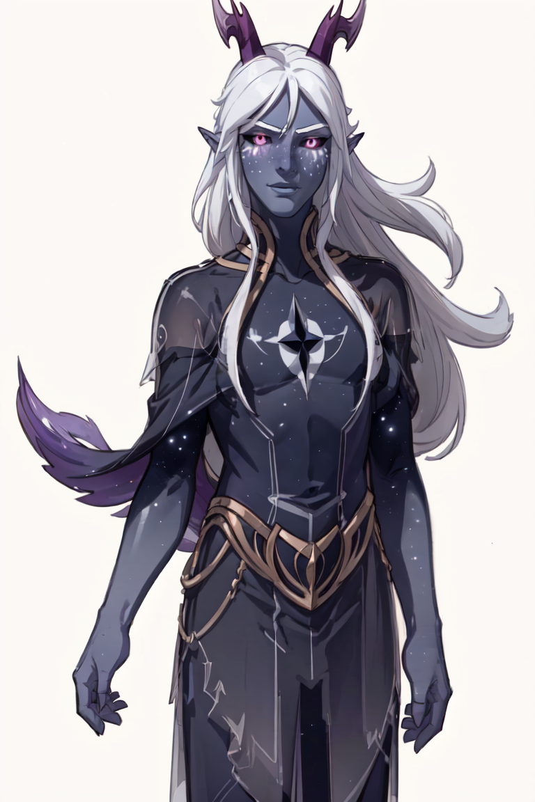Aaravos, black sclera, purple skin, white hair, (solid white background, plain background:1.5), (man, boy, male:1.5), (realistic:1.2), (masterpiece:1.2), (full-body-shot:1.2),(Cowboy-shot:1.2), dark romantic lighting, (highly detailed:1.2), (detailed face:1.2), (gradients), colorful, detailed eyes, (natural lighting:1.2), solo, <lora:add_detail:0.3> <lora:DragonPrince_Aaravos-10:0.85>  <lora:BeautifulEyes:0.3>