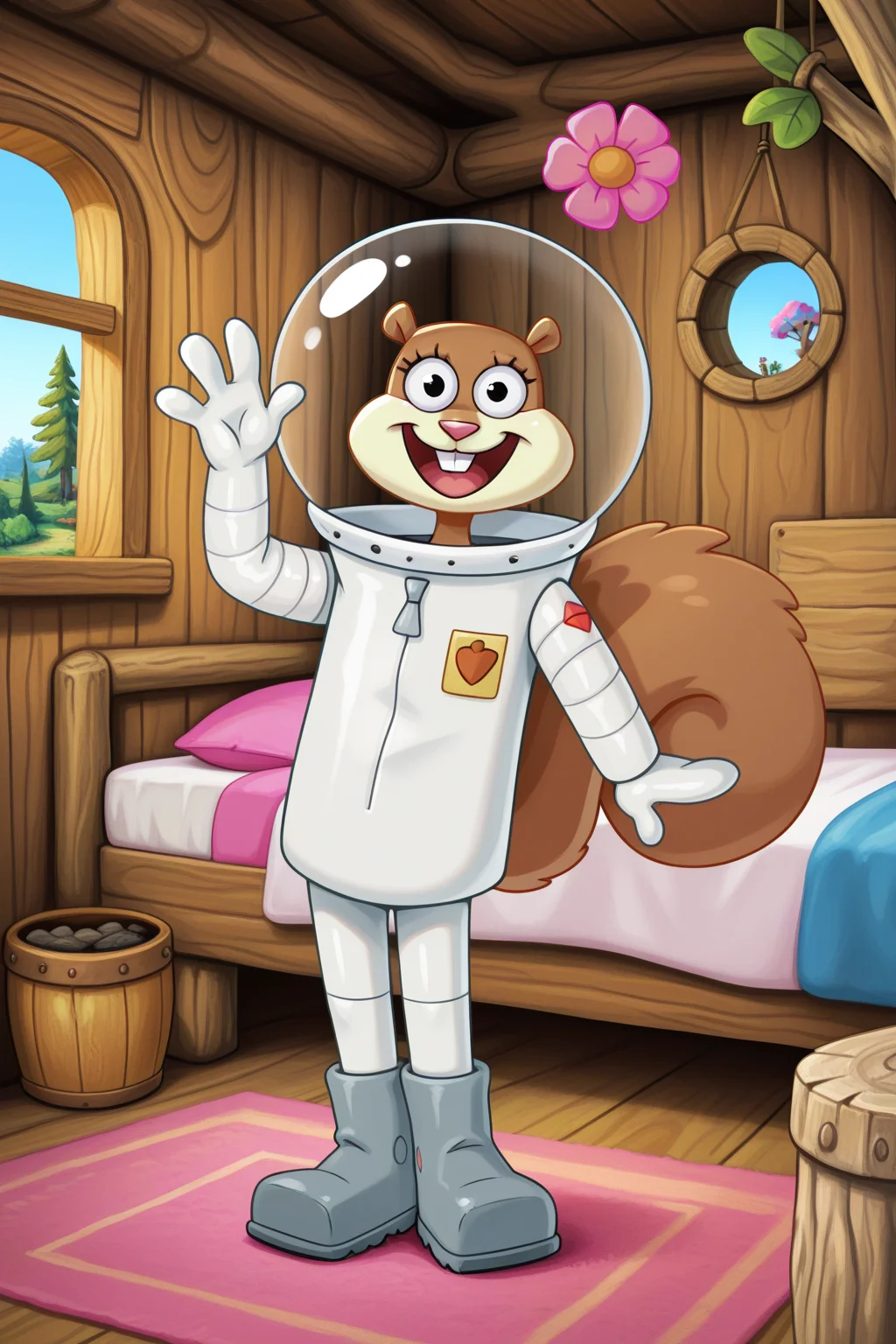 masterpiece, best quality, amazing quality, absurdres, sandycheeks, furry female, brown fur, squirrel tail, solo, smile, standing, looking at viewer, open mouth, waving, space helmet, pink flower, white spacesuit, grey boots, indoors, treehouse, wooden wall, window, carpet, bed, blue sky, day