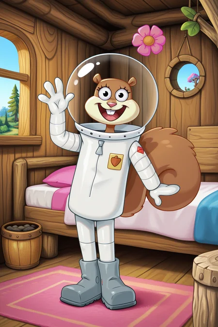 masterpiece, best quality, amazing quality, absurdres, sandycheeks, furry female, brown fur, squirrel tail, solo, smile, standing, looking at viewer, open mouth, waving, space helmet, pink flower, white spacesuit, grey boots, indoors, treehouse, wooden wall, window, carpet, bed, blue sky, day
