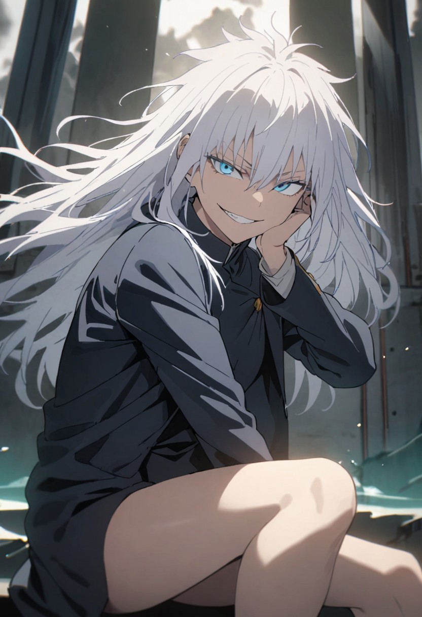 masterpiece, best quality, absurdres, cinematic, dynamic, solo,1girl, gojou satoru, jacket, gakuran, blue eyes, white hair, long hair, smirk, grin, sitting, looking at viewer,