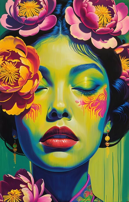 masterpiece,best quality,<lora:tbh332-sdxl:0.6>,illustration,style of Ed Paschke decaying peonies