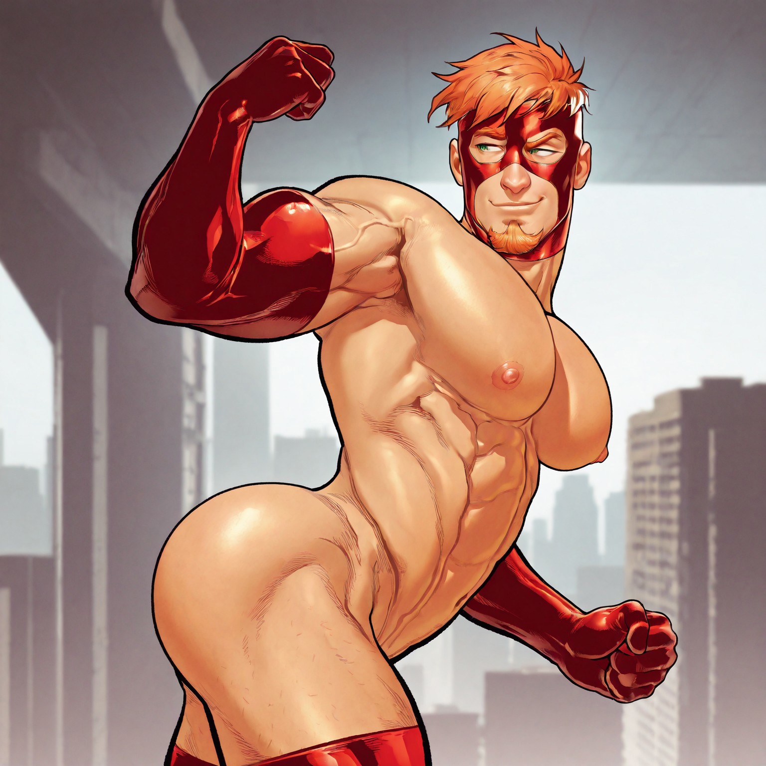 masterpiece, best quality, absurdres, newest, perfect quality, best quality, absolutely eye-catching, detailed background, intricate details, bara, 1boy, male, male focus, solo, short hair, ginger hair, chin beard, green eyes, red gloves, thigh-boots, red thigh-high boots, red mask, mouth exposed, bara, muscular, large pectorals, large biceps, looking away, upper body, cowboy shot, side view, smirk, dynamic pose, city scenery, daytime, very awa, best quality, absurdres, newest, perfect quality, detailed background, intricate details, (artist:rokudenashi:0.8), (artist:dizdoodz:0.7), (artist:gomtang:0.6)