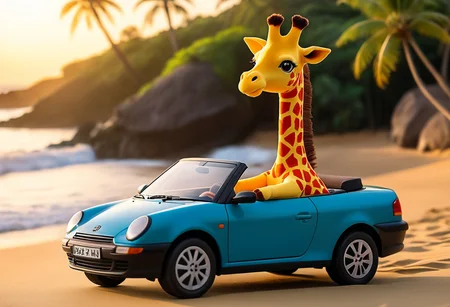 ral-plsy,side view, giraffe driving a cabriolet,sun hat,Hawaiian shirt,beach background,sunset,palms,full depth of field and realistic textures,highly detailed,masterpiece,high quality, 8K Ultra HD