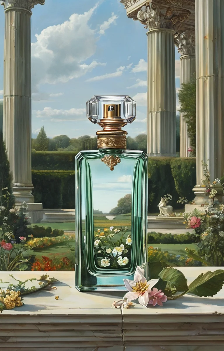 masterpiece,best quality,<lora:tbh355-sdxl:0.6>,illustration,patten of Neoclassicism, A bottle of perfume in garden