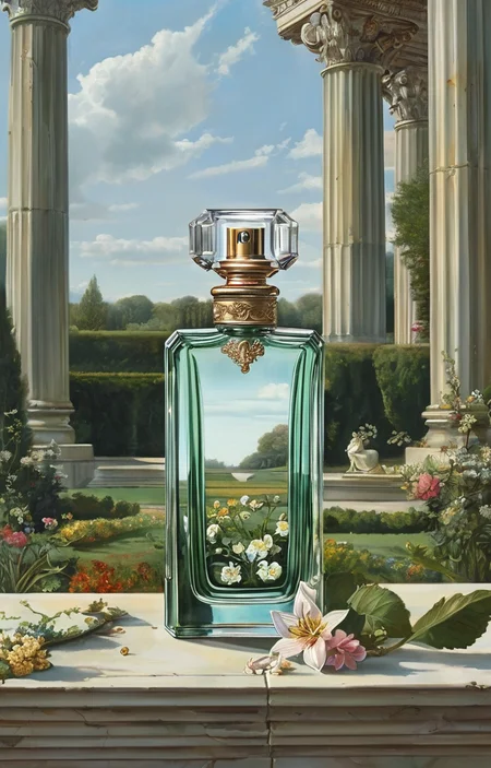 masterpiece,best quality,<lora:tbh355-sdxl:0.6>,illustration,patten of Neoclassicism, A bottle of perfume in garden