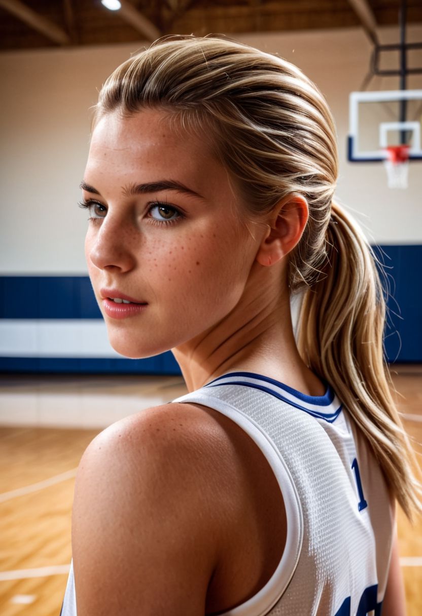 RAW photo, (Athletic woman playing basketball, indoor basketball court background), vibrant, stunningly beautiful, crisp, detailed, high contrast, cinematic, ultra detailed, intricate, professional, (high quality:1.4), (intricate, high detail:1.2), professional photography, HDR, High Dynamic Range, realistic, ultra realistic, photorealistic, high resolution, film photography, ambient lighting, UHD, wearing basketball jersey, blonde Hair pulled back in a ponytail, Freckles, brown eyes,