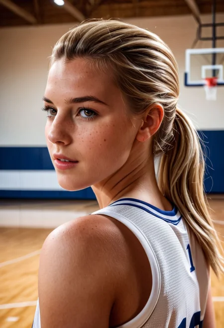RAW photo, (Athletic woman playing basketball, indoor basketball court background), vibrant, stunningly beautiful, crisp, detailed, high contrast, cinematic, ultra detailed, intricate, professional, (high quality:1.4), (intricate, high detail:1.2), professional photography, HDR, High Dynamic Range, realistic, ultra realistic, photorealistic, high resolution, film photography, ambient lighting, UHD, wearing basketball jersey, blonde Hair pulled back in a ponytail, Freckles, brown eyes,