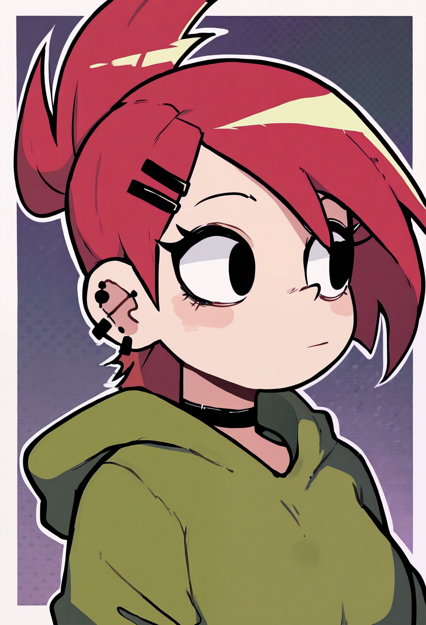 1girl, solo, purple background, green hoodie, portrait, white outline, polka dot background, white border, gradient background, 
masterpiece, best quality, <lora:frankiefoster-guy90-Illust-LoraV101:1>, retarf, red hair, hair ornament, hairclip, ear piercing, earrings, black choker, ponytail, black eyes