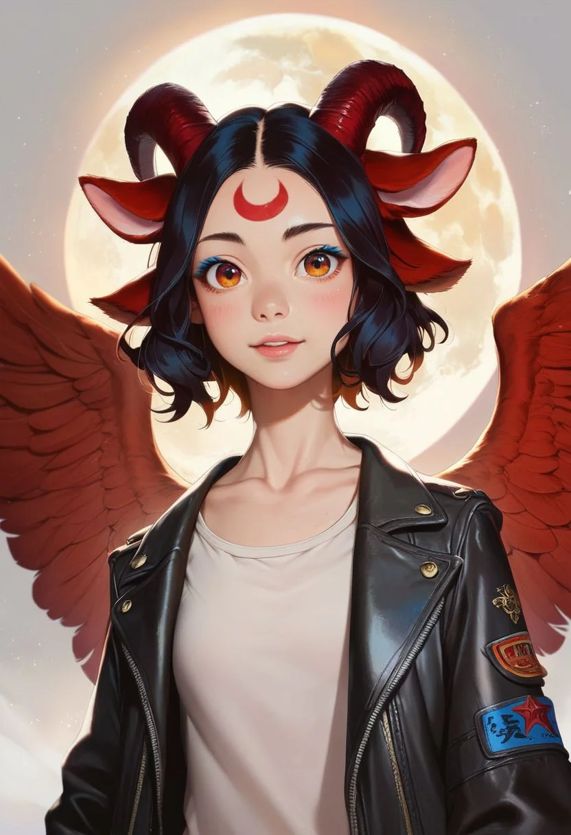 Aluki, 1 girl, solo, jet black hair, orange eyes, short black goat ears only, red goat horns, medium hair, orange eyes, red eyes, multicolor eyes, blue eyeliner, no human ears, 2 red wing, only moon mark on forehead, no wings on the head,only red wings on the back,1 whisker black marks, highly detailed , score_9, score_8_up, score_7_up, score_6_up, coat white, bonk